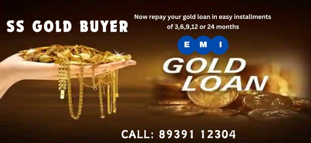 Illustration of a gold loan offer, featuring gold items and financial information.