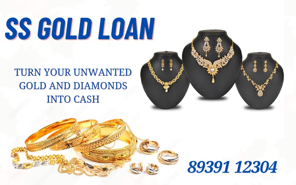 Visual representation of a gold loan service, highlighting gold and diamonds exchange for cash.