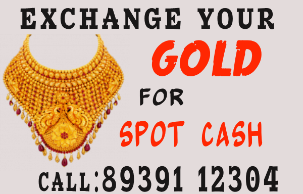 We Buy Gold. Image depicting Gold Exchange for Spot Cash and featuring displays of gold jewellery. 