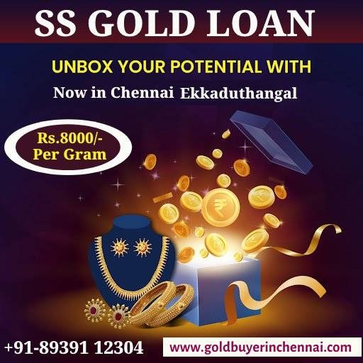 Promotional banner for SS Gold Loan in Chennai Ekkaduthangal featuring the tagline “Unbox Your Potential” with gold loan and instant cash service highlights.