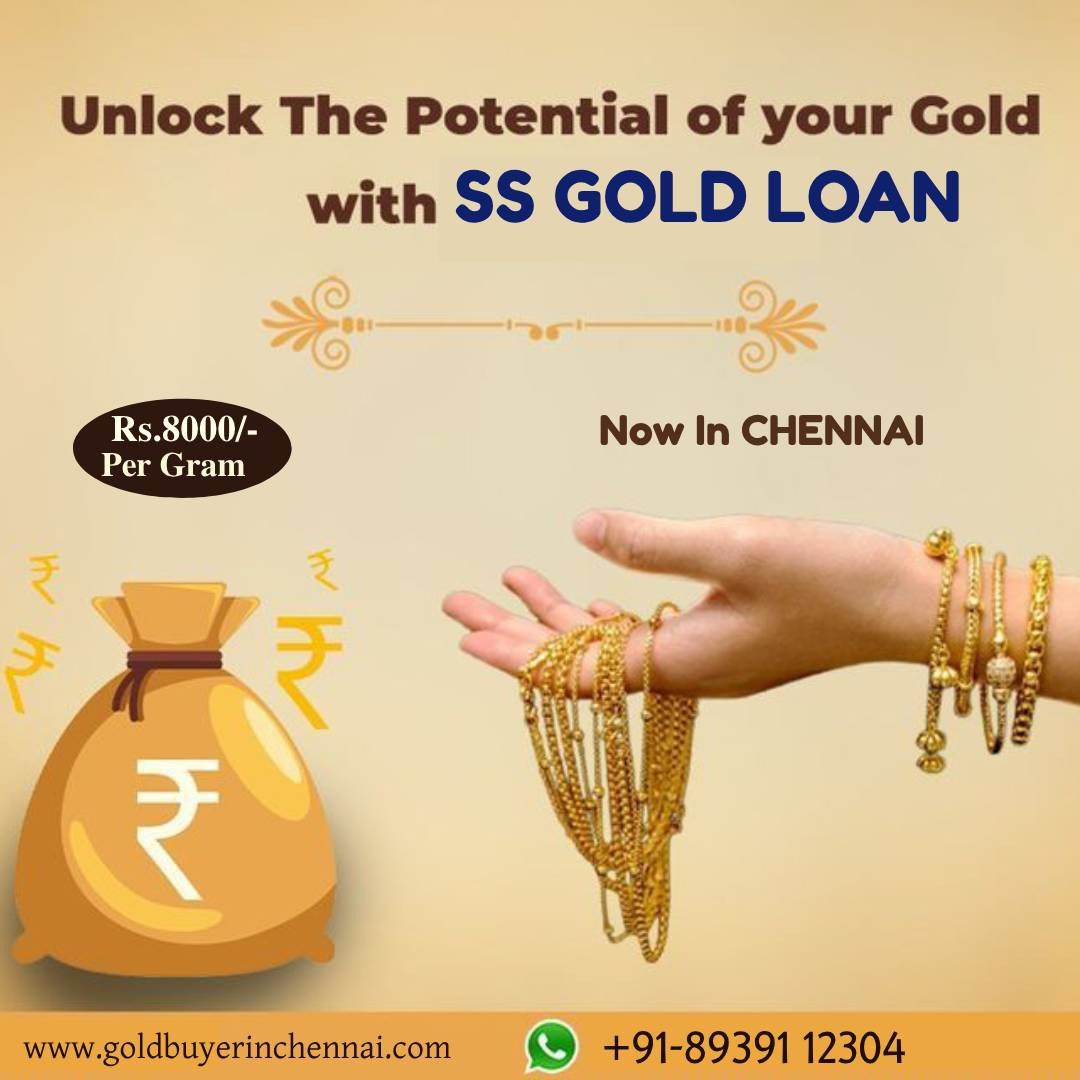Promotional image for SS Gold Loan in Chennai featuring the message “Unlock the potential of your gold” with gold loan offers up to Rs 8000 per gram and instant cash benefits.